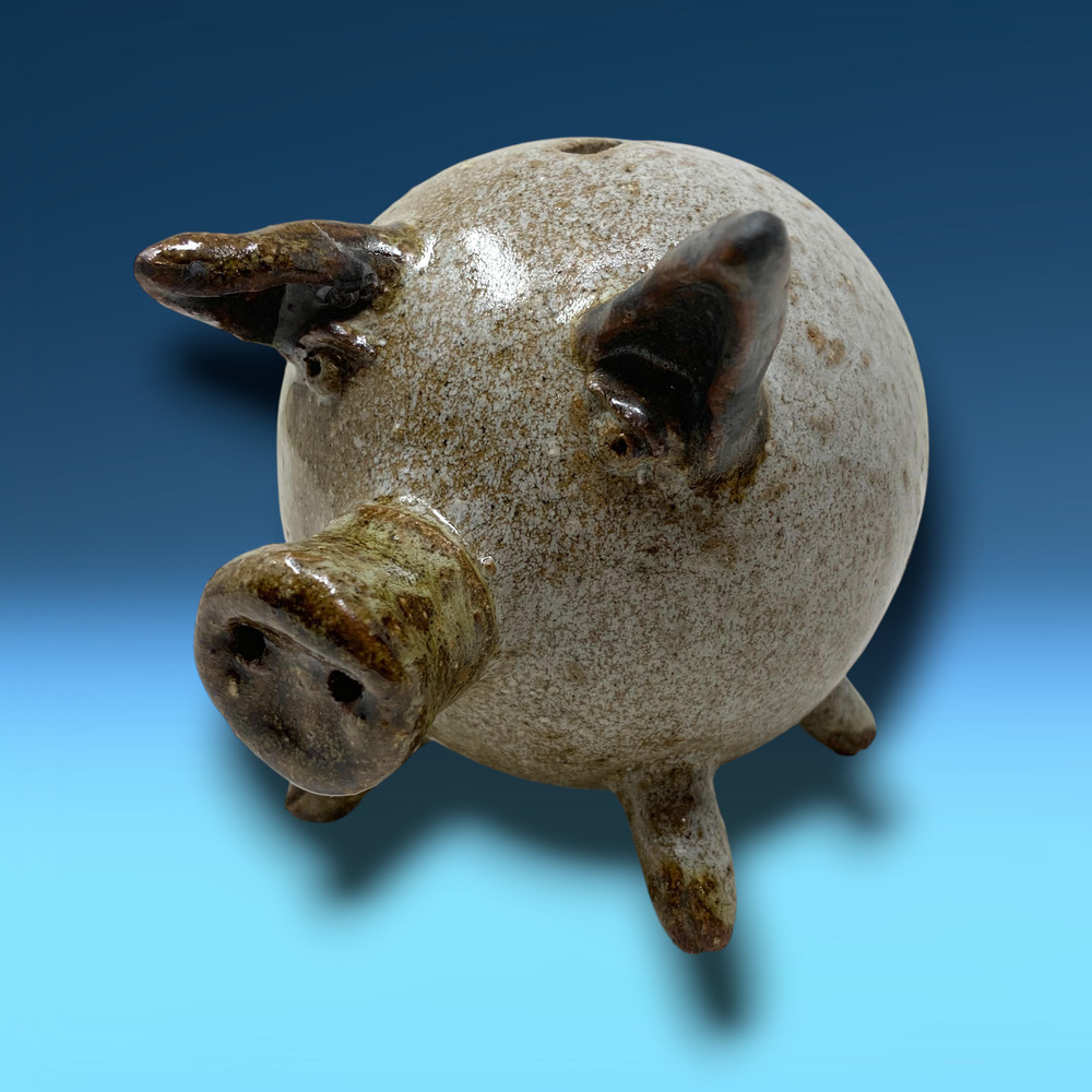 Vintage Studio Pottery Piggy Bank Handmade Artisan Brown Glaze Stamped Mark
